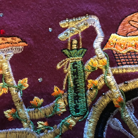 RARE QF maroon 3/4 sleeved top with embroidered fall bicycle scene (XL) - Picture 12 of 16